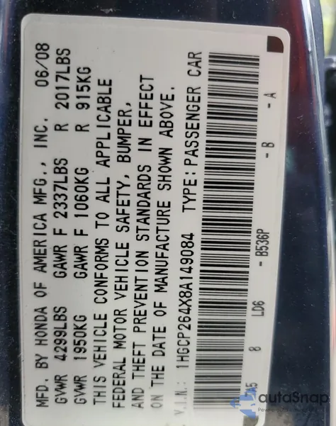 2008 Honda Accord Lxp from USA, damaged, VIN 1HGCP264X8A149084